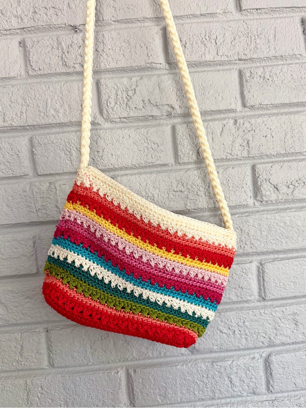 Unbranded Crochet Stripe Crossbody Bag - Cream & Multi